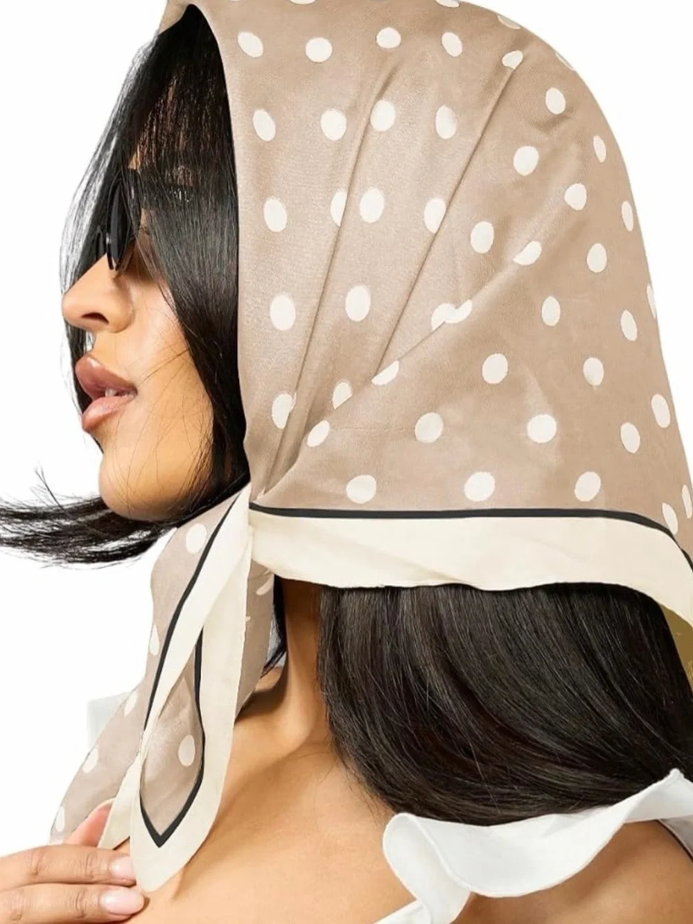Polka Dot Headscarf in Taupe and White